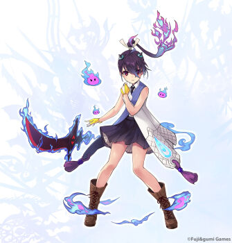  1girl bare_shoulders black_necktie boots brown_boots closed_mouth commentary_request company_name crossed_bangs fake_horns fireball floating floating_object floating_sword floating_weapon full_body gloves hair_between_eyes hand_on_own_shoulder horns long_hair looking_at_viewer muramasa_(phantom_of_the_kill) necktie official_art petticoat phantom_of_the_kill pleated_skirt ponytail purple_hair rinzo second-party_source skirt slip_showing solo standing sword weapon weapon_background yellow_gloves 
