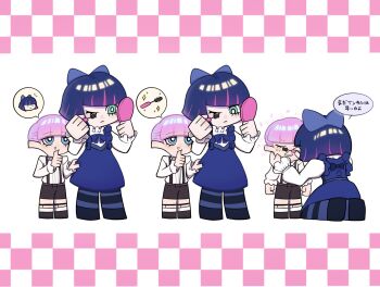  1boy 1girl aged_down applying_another's_makeup applying_makeup applying_own_makeup blue_bow blue_eyes blue_hair bow bright_pupils checkered_background child commentary_request cousins dress eyelashes hair_bow highres lolita_fashion long_sleeves makeup mascara mirror multicolored_hair one_eye_closed panty_&amp;_stocking_with_garterbelt patterned_background pichipichi2323 pink_hair polyurethane_(psg) shorts smile snot standing stocking_(psg) striped_leggings suspenders white_pupils 