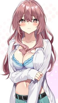 1girl :i averting_eyes blouse blush bra breasts cleavage collarbone furrowed_brow green_pants highres hand_on_own_arm inui_shinju kikurage_tom. large_breasts long_hair looking_away navel open_clothes open_shirt pants patterned_background pink_hair shirt solo sono_bisque_doll_wa_koi_wo_suru underwear upper_body white_shirt rating:Questionable score:93 user:danbooru