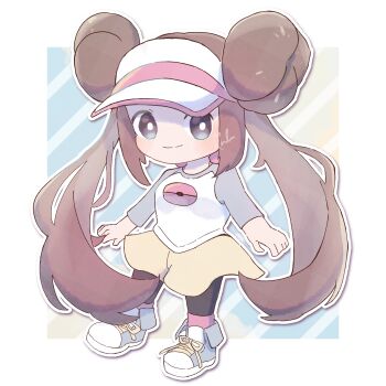  1girl blue_eyes border bright_pupils brown_hair chibi closed_mouth commentary_request fubu_(classic_fubu) full_body hair_bun highres long_hair long_sleeves nintendo pokemon pokemon_bw2 rosa_(pokemon) shirt sidelocks smile solo twintails white_border white_pupils 