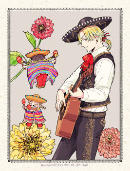  3boys acoustic_guitar aged_down alternate_costume alternate_hairstyle aqua_hair black_hat black_pants blonde_hair brothers brown_hair child collared_shirt earrings fake_facial_hair fake_mustache guitar haitani_ran haitani_rindou hat highres holding holding_instrument holding_maracas instrument jewelry long_hair long_sleeves male_focus maracas medium_hair mexican_clothes mini_person miniboy multicolored_hair multiple_boys niko20223 pants poncho purple_eyes red_pants sanzu_haruchiyo shirt siblings smile sombrero streaked_hair tokyo_revengers two-tone_hair white_shirt 