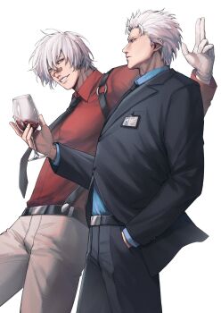  2boys absurdres alcohol alternate_costume bandaid bandaid_on_face bandaid_on_nose belt belt_buckle black_belt black_jacket black_pants black_suit blue_shirt brothers buckle collared_shirt cup dante_(devil_may_cry) devil_may_cry devil_may_cry_(series) devil_may_cry_3 dmcdv99 drinking_glass formal_clothes grey_pants hashtag-only_commentary highres holding holding_cup jacket layered_sleeves long_sleeves looking_at_another looking_to_the_side male_focus multiple_boys pants parted_bangs red_shirt shirt shirt_tucked_in siblings sideways_glance simple_background suit suspenders twins vergil_(devil_may_cry) white_background white_hair wine wine_glass 