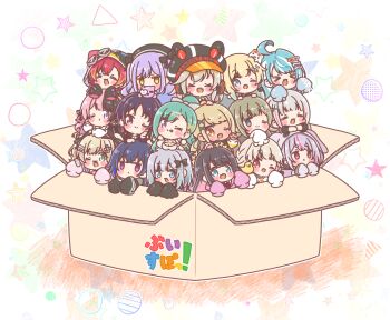  >_< 6+girls :< :d ;) ;d absurdres aizawa_ema animal asumi_sena beret black_hair black_hat black_jacket blonde_hair blue_eyes blue_hair blush_stickers box breasts brown_hair cardboard_box cat cattleya_regina_games chibi cleavage closed_eyes closed_mouth commentary_request dark-skinned_female dark_skin empty_eyes everyone eyepatch fang gradient_hair green_eyes green_hair grey_hair grey_jacket hair_ornament hanabusa_lisa hat heart heart_eyepatch heart_hair_ornament highres hood hood_up ichinose_uruha in_box in_container iris_black_games jacket kaga_nazuna kaga_sumire kaminari_qpi kisaragi_ren_(vspo!) kogara_toto komori_met kurumi_noah large_breasts long_sleeves lupinus_virtual_games mini_person minigirl mitarashi_neko multicolored_hair multiple_girls nekota_tsuna newsboy_cap one_eye_closed open_mouth pink_hair pink_jacket puffy_long_sleeves puffy_sleeves purple_eyes purple_hair red_eyes shinomiya_runa shiranami_ramune sleeves_past_fingers sleeves_past_wrists smile star_(symbol) streaked_hair tachibana_hinano tosaki_mimi two-tone_hair two_side_up virtual_youtuber vspo! white_background white_hair xd yakumo_beni 