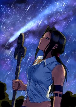  1girl artist_request bare_shoulders black_hair blue_eyes breasts dark-skinned_female dark_skin facial_tattoo holding holding_staff lilirara lips long_hair looking_up low_ponytail native_american night night_sky outdoors ponytail shaded_face shaman_king shooting_star shoulder_tattoo simple_background sky solo staff standing tattoo very_long_hair 