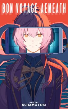  1girl 1other absurdres aemeath_(wuthering_waves) artist_name ashamutoki bow bowtie cellphone cellphone_photo closed_mouth commentary english_text highres holding holding_phone jacket long_hair looking_at_viewer orange_eyes phone pink_hair pov pov_hands purple_jacket revision rover_(wuthering_waves) sayonara_eri smartphone smile solo_focus star-shaped_pupils star_(symbol) symbol-shaped_pupils wuthering_waves yellow_bow yellow_bowtie 