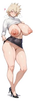  1girl ass bakugou_mitsuki bar_censor black_shoes black_skirt blonde_hair boku_no_hero_academia breasts censored clothes_lift curvy full_body heart high_heels highres huge_ass huge_breasts lifting_own_clothes long_sleeves looking_at_viewer mature_female navel nipples no_bra no_panties pussy ranhatu red_eyes ribbed_sweater shoes short_hair skirt skirt_lift smile solo spiked_hair sweat sweater thighs turtleneck turtleneck_sweater white_sweater wide_hips 