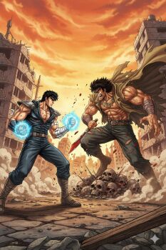 2boys battle blood crossover hokuto_no_ken kenshiro knife multiple_boys muscular muscular_male ruins skull violence_jack violence_jack_(character) 