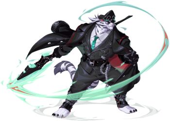  1boy animal_ears artist_request bara belt black_belt black_coat black_gloves black_hat black_jacket black_pants chain claws coat collared_shirt digitigrade dislyte full_body furry furry_male gloves glowing green_necktie hat holding holding_polearm holding_weapon jacket jin_qiu_(ru_shou)_(dislyte) looking_at_viewer male_focus necktie official_art pants polearm scar shirt solo spear sunglasses tail tiger_boy tiger_ears tiger_stripes tiger_tail transparent_background weapon white_shirt 