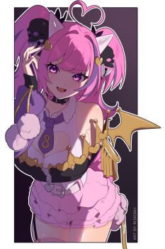  1girl absurdres ahoge bare_shoulders bell black_collar breasts cleavage clothing_cutout collar commentary demon_girl demon_horns demon_wings english_commentary fangs garter_straps hair_ornament heart heart_ahoge heart_cutout heart_hair_ornament highres horns indie_virtual_youtuber ironmouse ironmouse_outfit_art_contest jacket jingle_bell large_breasts long_hair looking_at_viewer multicolored_hair necktie open_mouth pink_hair pink_jacket pink_skirt purple_eyes purple_hair purple_necktie purple_streaks roxoah shirt skirt skull_hair_ornament sleeveless solo streaked_hair thighhighs thighs virtual_youtuber white_horns white_shirt wings 