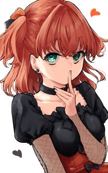  1girl absurdres aqua_eyes black_bow black_choker black_dress bow breasts choker collarbone commentary covering_own_mouth crossed_bangs dress dress_bow fishnet_sleeves fishnets hair_intakes hand_over_own_mouth heart highres hinoshita_kaho link!_like!_love_live! looking_at_viewer love_live! medium_breasts mendo_(mend0o0) new_black_(love_live!) official_alternate_costume orange_hair puffy_short_sleeves puffy_sleeves see-through_clothes see-through_sleeves short_sleeves simple_background solo symbol-only_commentary two_side_up upper_body virtual_youtuber white_background 