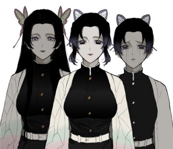  2girls belt black_hair butterfly_hair_ornament demon_slayer_uniform hair_bun hair_ornament haori highres japanese_clothes kimetsu_no_yaiba kochou_kanae kochou_shinobu long_hair looking_at_viewer multiple_girls purple_eyes siblings sidelocks simple_background sisters smile tears yamnyam_m 
