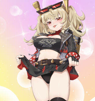  1girl black_gloves black_jacket black_panties black_shirt black_skirt black_thighhighs blonde_hair blush breasts burnice_white chinese_commentary cleavage closed_mouth clothes_lift commentary cropped_jacket cropped_shirt fingerless_gloves gloves highres jacket large_breasts lifting_own_clothes ling_huanxiang medium_hair panties red_eyes shirt skirt skirt_lift solo thighhighs tongue tongue_out two_side_up underwear zenless_zone_zero 