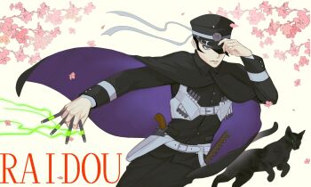  1boy animal black_cat black_hair cape cat catfish05 character_name cherry_blossoms chinese_commentary closed_mouth commentary_request copyright_request devil_summoner_(series) gun hand_on_headwear handgun hat highres holding holster kuzunoha_raidou long_sleeves male_focus peaked_cap short_hair simple_background solo two-sided_cape two-sided_fabric weapon white_background 