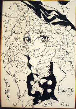 1girl absurdres braid commentary greyscale hat highres joker_(stjoker) kirisame_marisa long_hair looking_at_viewer monochrome open_mouth short_sleeves side_braid signature single_braid solo star-shaped_pupils star_(symbol) symbol-shaped_pupils touhou traditional_media upper_body witch_hat 