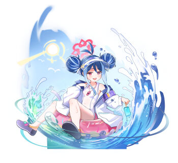  1girl 9nu :d antenna_hair armband black_sandals blue_archive blue_hair blue_jacket commentary crocs donut_innertube double_bun food fubuki_(blue_archive) fubuki_(swimsuit)_(blue_archive) hair_be hair_bun hair_over_one_eye halo highres holding holding_food holding_popsicle innertube jacket long_hair looking_at_viewer multicolored_hair official_alternate_costume one-piece_swimsuit open_clothes open_jacket open_mouth pink_halo popsicle purple_armband red_eyes sandals sidelocks smile solo sun sweatdrop swim_ring swimsuit two-sided_fabric two-sided_jacket two-tone_hair visor_cap water waves whistle whistle_around_neck white_hair white_jacket white_one-piece_swimsuit 