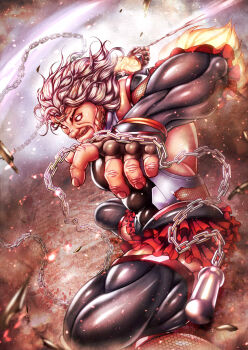  1boy beard black_gloves blank_eyes chain closed_mouth commentary_request cosplay crossover facial_hair fingerless_gloves floating_hair gloves grappler_baki grey_hair hangetsuban_sonshou highres holding holding_weapon impossible_clothes impossible_leotard kusari-fundo leotard mizuki_yukikaze mizuki_yukikaze_(cosplay) motobe_izou muscular muscular_male mustache short_hair skin_tight solo taimanin_(series) taimanin_suit taimanin_yukikaze weapon 