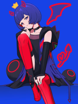 1girl black_bridal_gauntlets black_choker black_dress blue_background blue_eyes blue_hair blue_jacket bridal_gauntlets choker colored_inner_hair commentary_request daradara_art drawn_crown drawn_horns drawn_wings dress foot_out_of_frame highres hood hood_down hooded_jacket jacket kamitsubaki_studio knee_up long_hair multicolored_hair open_clothes open_jacket red_hair red_shoes red_thighhighs rim_(kamitsubaki_studio) shoes simple_background sitting sleeveless sleeveless_jacket solo thighhighs two-tone_hair virtual_youtuber yellow_pupils 