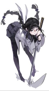  1girl akemi_homura akemi_homura_(magical_girl) axe black_eyes black_hair black_thighhighs braid glasses highres holding holding_axe kokoro6636 leaning_forward long_hair long_sleeves looking_at_viewer mahou_shoujo_madoka_magica purple_skirt red-framed_eyewear shirt simple_background skirt solo thighhighs twin_braids white_background white_shirt 