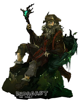  1boy bad_id bad_pixiv_id beard brown_coat brown_headwear brown_shoes character_name closed_mouth coat commentary_request copyright_name dated facial_hair full_body fur-trimmed_shoes fur_trim grey_hair grey_pants holding holding_staff long_sleeves looking_at_viewer male_focus medium_hair mouse_(animal) old old_man pants purple_eyes radagast reclining reload9_yohji shoes signature simple_background smile solo staff the_hobbit tolkien's_legendarium white_background 