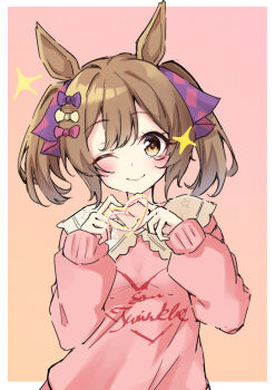  1girl absurdres animal_ears blonde_hair blush bow closed_mouth collar hair_bow hair_ribbon heart heart_hands highres horse_ears horse_girl looking_at_viewer medium_hair one_eye_closed pink_bow pink_shirt purple_bow purple_ribbon ribbon shirt smart_falcon_(casual)_(umamusume) smart_falcon_(umamusume) smile solo tiara_(871220) twintails umamusume white_collar yellow_bow yellow_eyes 