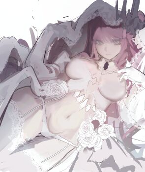  1girl absurdres baobhan_sith_(fate) breasts bridal_lingerie bridal_veil commission commissioner_upload elbow_gloves fate/grand_order fate_(series) gloves grey_eyes highres lingerie long_hair looking_at_viewer navel non-web_source panties pink_hair resenri revealing_clothes solo underwear veil white_gloves white_panties 