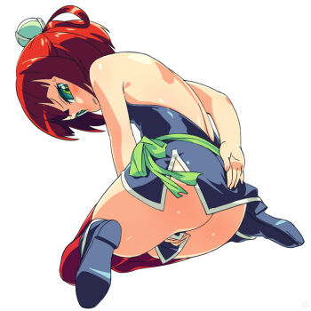  1girl ass backless_outfit batsu_(takuan_to_batsu_no_nichijou_enmachou) blush covering_crotch covering_privates embarrassed female_focus full_body green_eyes hair_rings loli looking_back no_panties om_(nk2007) red_hair red_thighhighs short_hair simple_background solo takuan_to_batsu_no_nichijou_enmachou thighhighs white_background  rating:Questionable score:82 user:danbooru