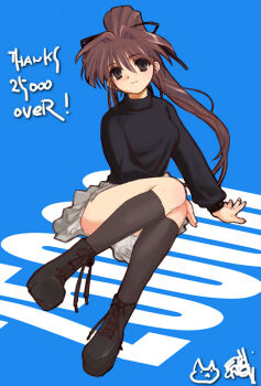  1girl bad_id black_boots black_ribbon black_socks black_sweater blue_background boots brown_eyes brown_hair closed_mouth grey_skirt hair_ribbon high_ponytail kneehighs lace-up_boots leaning_to_the_side light_smile milestone_celebration miniskirt original orion_(orionproject) pleated_skirt ponytail ribbon signature sitting skirt socks solo sweater thank_you thighs turtleneck turtleneck_sweater 