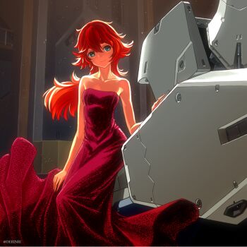  1girl bare_shoulders collarbone commentary_request dark-skinned_female dark_skin de_ri_(derinri) dress green_eyes gundam gundam_suisei_no_majo hair_between_eyes light_smile long_hair looking_at_viewer mecha_request red_dress red_hair sitting_on_mecha solo strapless strapless_dress suletta_mercury thick_eyebrows 