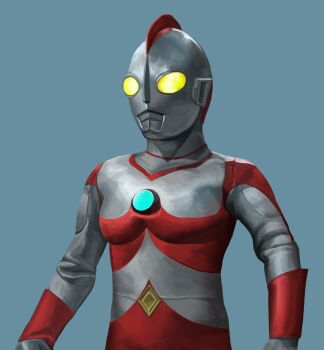  1boy absurdres alien arm_guards blue_background color_timer colored_skin commentary compound_eyes diamond-shaped_buckle diamond_(shape) dorsal_fin giant giant_male glowing glowing_eyes highres kudaya0825 looking_ahead male_focus multicolored_skin no_pupils pectorals red_skin silver_skin simple_background solo tokusatsu toned toned_male two-tone_skin ultra_series ultraman_80 ultraman_80_(series) upper_body wrinkled_skin yellow_eyes 