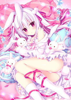 1girl animal_ears bare_shoulders blush breasts candy cleavage commentary_request dress female_focus food hair_between_eyes hair_ribbon hasune highres hood hooded_jacket jacket long_hair looking_at_viewer lying medium_breasts on_side open_mouth original panties pillow pink_panties purple_hair rabbit rabbit_ears rabbit_tail red_eyes ribbon sleeveless sleeveless_dress socks solo star_(symbol) tail twintails underwear white_dress white_socks rating:Sensitive score:23 user:danbooru