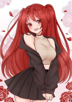  1girl absurdres bare_shoulders black_jacket black_skirt blush commentary_request commission cowboy_shot crop_top curtained_hair facing_viewer fiverr_commission flower german_commentary halter_shirt halterneck highres indie_virtual_youtuber jacket jacket_partially_removed linahirai long_hair looking_to_the_side marryofblood midriff navel open_mouth own_hands_together petals red_eyes red_hair rose rose_petals second-party_source shirt skirt sleeveless sleeveless_shirt smile solo standing thick_eyelashes two_side_up very_long_hair virtual_youtuber white_background 