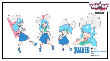  1girl :o ;p bandaid bandaid_on_face blue_footwear blue_hair bow character_profile reference_sheet child english_text guitar_case highres instrument_case multicolored_hair non-web_source official_art one_eye_closed pink_eyes profile quaver_(unbeatable) school_uniform serafuku skirt socks streaked_hair tongue tongue_out unbeatable white_background white_socks  rating:General score:3 user:danbooru