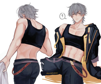  1boy ? abs artist_name black_pants black_sports_bra caelus_(honkai:_star_rail) closed_mouth collarbone commentary english_commentary from_behind holding holding_unworn_clothes honkai:_star_rail honkai_(series) jacket looking_at_viewer male_focus moyamayoi multiple_views navel open_clothes open_jacket pants pectoral_cleavage pectorals short_hair simple_background single_off_shoulder sitting spoken_question_mark sports_bra trailblazer_(honkai:_star_rail) white_background 