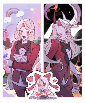  2girls black_bow black_bowtie blonde_hair blush bow bowtie charlie_morningstar colored_sclera colored_skin demon_girl demon_horns dual_persona eyepatch formal_clothes grey_hair grey_skin hair_down hair_over_one_eye hashtag-only_commentary hazbin_hotel hellaverse highres horns long_hair looking_at_viewer multiple_girls nk1t7j paper pink_sclera rainbow red_bow red_eyes red_sclera red_suit slit_pupils smile suit vaggie very_long_hair white_skin yellow_eyes yellow_sclera yuri 