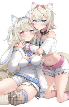  2girls animal_collar animal_ear_fluff animal_ears arm_warmers arms_around_neck bandaid bandaid_hair_ornament belt black_collar blonde_hair blue_eyes blue_hairband blue_streaks breasts cleavage closed_mouth clothing_cutout collar commentary cropped_shirt crossed_bangs cutout_above_navel detached_collar dog_ears dog_girl dog_tail double-parted_bangs dress fake_horns fishnet_socks fishnet_thighhighs fishnets frilled_shirt_collar frilled_shorts frills fuwawa_abyssgard fuwawa_abyssgard_(1st_costume) hair_between_eyes hair_intakes hair_ornament hairband hairclip highres hololive hololive_english horn_hairband horns kneehighs kneeling large_breasts long_hair long_sleeves looking_at_another looking_at_viewer midriff mococo_abyssgard mococo_abyssgard_(1st_costume) multicolored_hair multiple_girls navel open_mouth over-kneehighs parallel_hairclips pink_belt pink_eyes pink_hairband pink_streaks shirt short_dress short_hair short_shorts shorts siblings simple_background single_off_shoulder single_over-kneehigh single_thighhigh sisters sitting socks spiked_collar spikes streaked_hair symbol-only_commentary t-shirt tail thighhighs twins two_side_up usushio virtual_youtuber white_background white_dress white_shirt white_shorts x_hair_ornament yokozuwari 