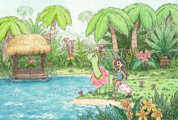  1girl adjusting_eyewear black_hair closed_mouth commentary commission dark-skinned_female dark_skin english_commentary eyewear_on_head floral_print floral_print_skirt flower gen_2_pokemon grass hut long_hair meganium nintendo oliver_hamlin open_mouth original outdoors painting_(medium) palm_tree pink_flower pokemon pokemon_(creature) print_skirt sandals shore skirt sky smile teeth traditional_media tree tropical upper_teeth_only water watercolor_(medium) white_skirt yellow_eyes yellow_flower 