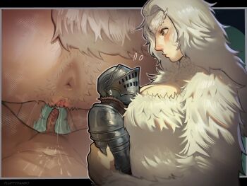 1boy 1girl anus armor body_fur breasts chosen_undead commentary dark_souls_(series) dark_souls_i dragon_girl erection fluffydango flying_sweatdrops full_armor giant giantess grey_hair highres hug huge_breasts imminent_penetration priscilla_the_crossbreed pussy 