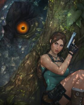  1girl absurdres aqua_tank_top arm_up backpack bag belt braid breasts brown_bag brown_eyes brown_hair brown_shorts commentary dalejomej dappled_sunlight dinosaur dirty english_commentary facing_to_the_side fingerless_gloves gloves gun handgun hiding highres holding holding_gun holding_weapon holster jewelry jungle knees lara_croft leaning_back looking_at_another nature necklace outdoors plant scales shorts signature single_braid size_difference sunlight tank_top thigh_holster tomb_raider tree tree_trunk_bridge trigger_discipline upper_body weapon 