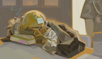  1boy 1other arm_pillow arms_on_table black_coat black_gloves book clothes_blanket coat commentary covering_with_blanket cup disposable_cup emoticon english_commentary english_text ferrofluid fishbowl_helmet gloves head_on_arm highres indoors jumpsuit kaomoji object_head reverse:1999 sleeping sleeping_on_desk solo_focus sticky_note ufu_fluffy ulrich_(reverse:1999) white_jumpsuit zzz 