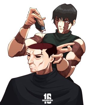  1boy 1girl absurdres ace_(imajination16) artist_name black_sclera blood burn_scar cheekbones choso_giving_toudou_a_haircut_(meme) colored_sclera commentary crow's_feet empty_eyes english_commentary father_and_daughter hair_clipper highres injury jujutsu_kaisen mature_male meme one_eye_closed scar scar_on_arm scar_on_face short_hair simple_background sleeveless toned toned_female upper_body white_background zen'in_maki zen'in_ogi 
