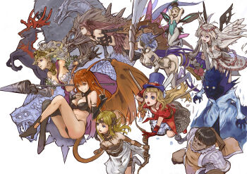  2boys 6+girls antlers armor athena_(lord_of_vermilion) bare_shoulders beard black_hair blonde_hair blue_eyes blue_hair bow_(weapon) breasts brown_eyes character_request cleavage closed_eyes cybele_(lord_of_vermilion) demon_girl dragon drill_hair elbow_gloves eyepatch facial_hair fairy_(lord_of_vermilion) gauntlets gloves glowing glowing_eyes hat head_wings highres horns lance large_breasts leviathan_(mythology) lilith_(lord_of_vermilion) long_hair lord_of_vermilion medium_breasts mizore_akihiro monster multiple_boys multiple_girls open_mouth pointy_ears polearm red_eyes red_gloves red_hair reindeer sharp_teeth short_hair small_breasts smile succubus_(lord_of_vermilion) sword teeth top_hat twintails valkyrie valkyrie_(lord_of_vermilion) weapon white_hair wings 