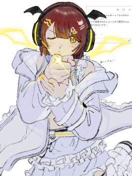 1girl bad_id bad_twitter_id brown_hair drawn_wings finger_gun frilled_skirt frills hair_between_eyes headphones highres idol_clothes idolmaster idolmaster_shiny_colors jacket long_sleeves looking_at_viewer nail_polish odaibako one_eye_closed osaki_tenka pointing pointing_at_viewer request_inset short_hair skirt solo subro translation_request white_background white_jacket white_skirt yellow_eyes yellow_nails