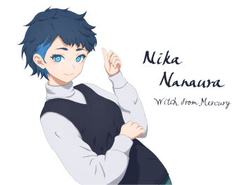  1girl black_sweater_vest blue_eyes blue_hair character_name closed_mouth commentary_request copyright_name dutch_angle eyelashes gundam gundam_suisei_no_majo highres long_sleeves multicolored_hair nika_nanaura official_alternate_hair_length official_alternate_hairstyle rayn_(rayn_px) simple_background smile solo sweater sweater_vest thumbs_up turtleneck turtleneck_sweater two-tone_hair upper_body white_background white_sweater 