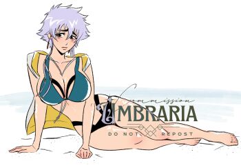  1girl arm_support bikini bleach blue_bikini breasts cape cleavage commentary commission earrings english_commentary full_body highres jewelry kotetsu_isane large_breasts mismatched_bikini nervous purple_hair short_hair_with_long_locks sideboob sitting solo swimsuit thick_eyebrows two-sided_cape two-sided_fabric umbra_(edits_umbra) yokozuwari 