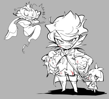  2015 2girls 3boys ahoge apron arms_up ascot blood boots carrying carrying_person carrying_under_arm castform castform_(normal) child child_carry clenched_teeth coat collar commentary domino_mask dress eye_mask eyebrows_hidden_by_hair floating flower gen_2_pokemon gen_3_pokemon gen_4_pokemon gen_5_pokemon grey_background happiny highres injury japanese_text jellyfish jellyfish_boy legs_apart long_sleeves looking_ahead looking_at_viewer mask medium_hair monochrome monoka monster_boy motion_lines motojima_hakka multiple_boys multiple_girls nintendo plant plant_boy pokemon pokemon_(creature) pokemon_focus pulling_another's_clothes rose running serious shadow short_hair simple_background smirk smoochum standing surprised sweatdrop teeth worried 