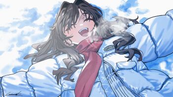  1girl ^_^ black_hair breath choppy_bangs closed_eyes coat commentary_request day eyes_visible_through_hair hair_ears hair_over_eyes hair_over_shoulder happy long_bangs long_hair long_sleeves luicent lying on_back on_ground open_mouth original outdoors outstretched_arms pink_scarf scarf smile snow solo spread_arms upper_body white_coat winter winter_clothes winter_coat  rating:General score:1 user:danbooru