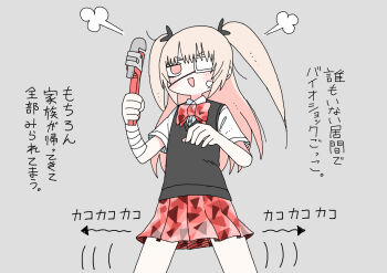  1girl abe_tomomi bandaged_arm bandages bandaid bow bowtie collared_shirt eyepatch grey_background holding holding_weapon long_hair medical_eyepatch original pink_eyes pink_hair pleated_skirt red_bow sarashi shirt short_sleeves simple_background skirt solo sweater_vest text_background twintails weapon 