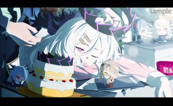  1boy 1girl absurdres ako_(blue_archive) armband birthday_cake blue_eyes blue_hair cake chinatsu_(blue_archive) demon_girl demon_horns dusk_ming food grey_hair happy_birthday highres hina_(blue_archive) hina_(pajamas)_(blue_archive) horns indoors iori_(blue_archive) pajamas pink_pajamas polka_dot polka_dot_pajamas purple_eyes red_armband red_eyes sensei_(blue_archive) stuffed_toy twintails 