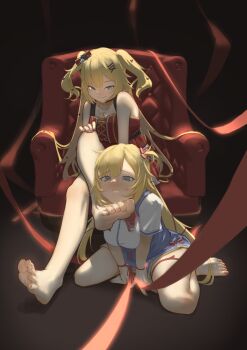  2girls absurdres aiharararara akai_haato akai_haato_(1st_costume) akai_haato_(gothic_lolita) arm_support armchair bare_shoulders barefoot blonde_hair blue_eyes blush bound bound_wrists chair crossed_legs dress dual_persona feet foot_on_another's_face hair_ornament hair_ribbon hairclip heart heart_hair_ornament heart_necklace high-waist_skirt highres hololive jewelry leaning_forward long_hair looking_at_another multiple_girls nail_polish necklace official_alternate_hairstyle one_side_up parted_lips red_dress red_nails red_ribbon ribbon school_uniform shirt short_side_ponytail short_sleeves sitting skirt sleeveless sleeveless_dress smile soles thigh_strap toenail_polish toenails toes two_side_up very_long_hair virtual_youtuber wariza white_shirt x_hair_ornament  rating:Sensitive score:107 user:danbooru