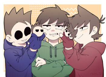  3boys akt_xp annoyed antenna_hair black_eyes blue_hoodie border brown_hair character_doll cheek_squash commentary_request crossed_arms doll drawstring edd_(eddsworld) eddsworld flipped_hair green_hoodie hair_behind_ear hair_ears hand_puppet highres holding hollow_eyes hood hood_down hoodie jitome long_sleeves male_focus multiple_boys puppet red_hoodie scene_reference short_hair smile spiked_hair swept_bangs tom_(eddsworld) tord_(eddsworld) upper_body white_border 